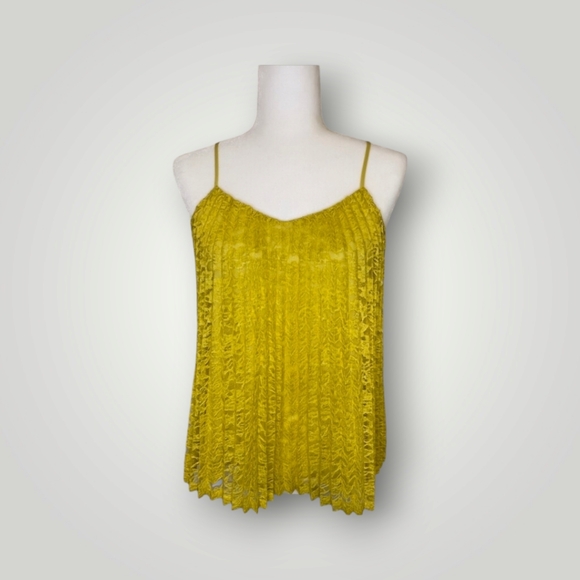 Ann Taylor Top Womens M Yellow Lace Overlay Pleated Front Spaghetti Straps Lined - Picture 1 of 8